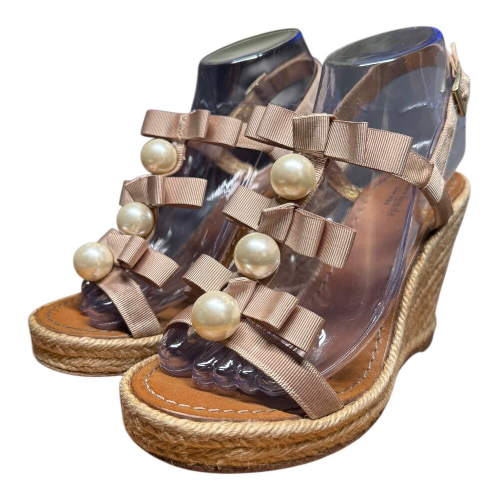 KATE SPADE Women's 7 Pearl Grosgrain Ribbon Espadrille Wedge Sandals Bow Spain